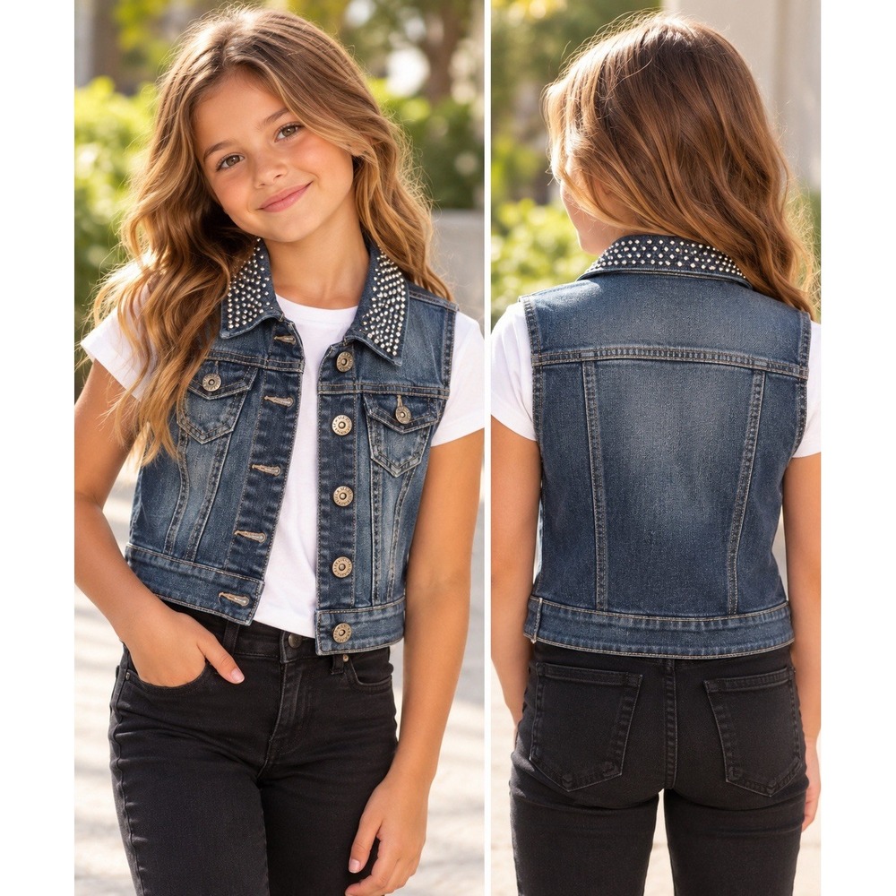 Justice Y2K Rhinestone Denim Vest Girls 8 Bedazzled Bling Jean Vest